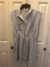 Japna Chambray White/Blue Stripe Button Up Elastic Waist Tie Dress with Pockets