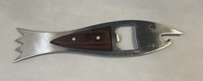 Vintage MCM Bottle Opener -6" Long Fish Stamped Stainless Steel Maker Bar Shark