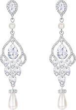 Bridal Austrian Crystal Teardrop Simulated Pearl Vintage Chandelier Earrings for