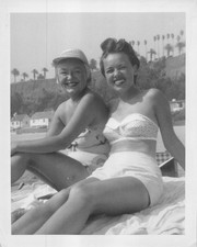 Two Women Mother Daughter Beach Day1940s Photo Two Piece Swimsuit Palm Trees