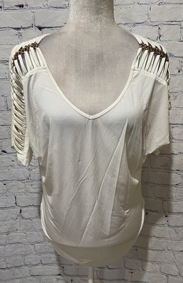 Madison Michelle V-neck white top with peek-a-boo chain link sleeves Size Large