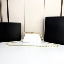 Women's White Quilted Leather Clutch Bag, Gold Frame Chain Shoulder Handbag