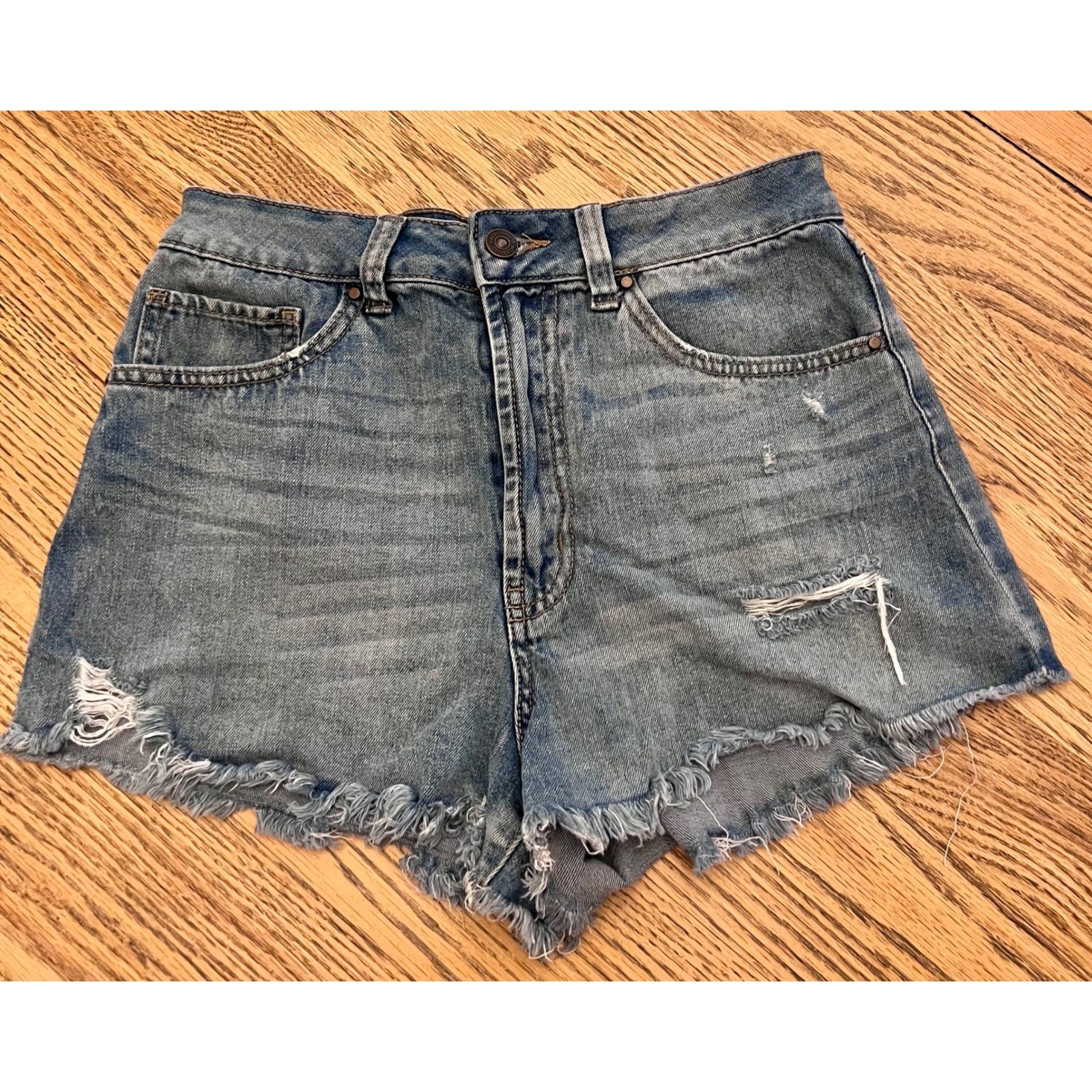 Rewash Distressed High Rise Denim Shorts Medium Wash Blue Frayed Hem
