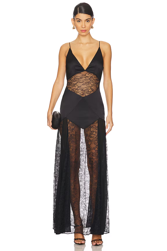 House of Harlow 1960 x REVOLVE Izrah Gown black long lace satin panels $358msrp