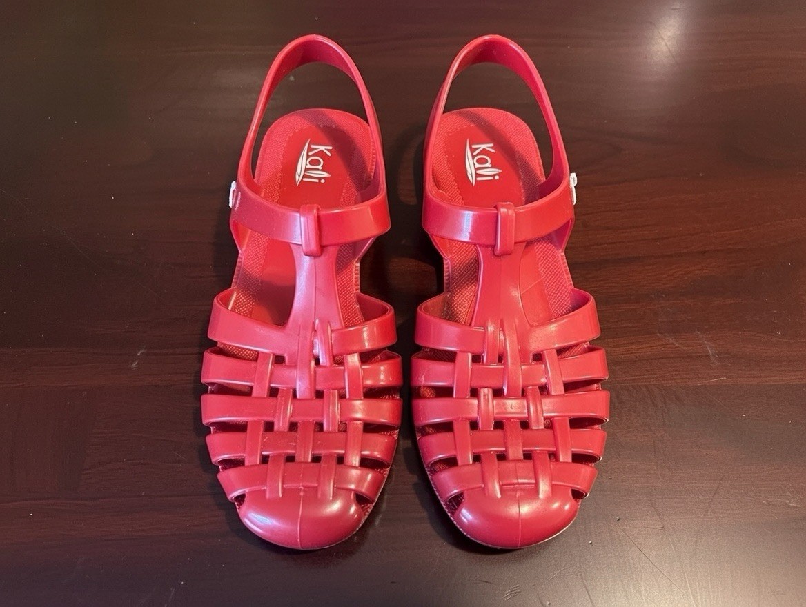 Red y2k gladiator sandals. Flat, water-resistant. Sizes 5-11. Several in stock.