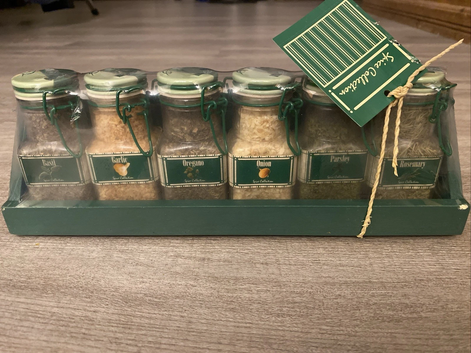 Set of 6 Glass Spice Jars w/Green Ceramic Wired Closure Lids in a Wood Rack