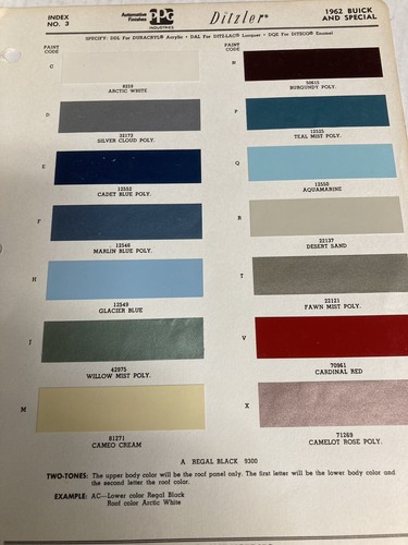 1962 BUICK AUTOMOTIVE P.P.G., DITZLER Exterior Paint Color Chip ORIGINAL
