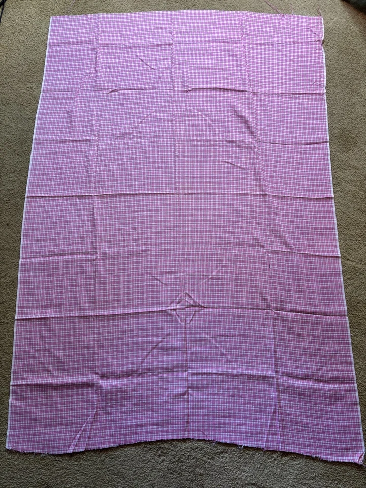 Vintage 60s 70s Thin Pink White Tweed Plaid Woven Cotton Fabric Remnant 44x62 - Image 3 of 4