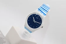 New Limited Swiss Made Swatch Women SEA VIEW GW193 34MM White Blue Stripes