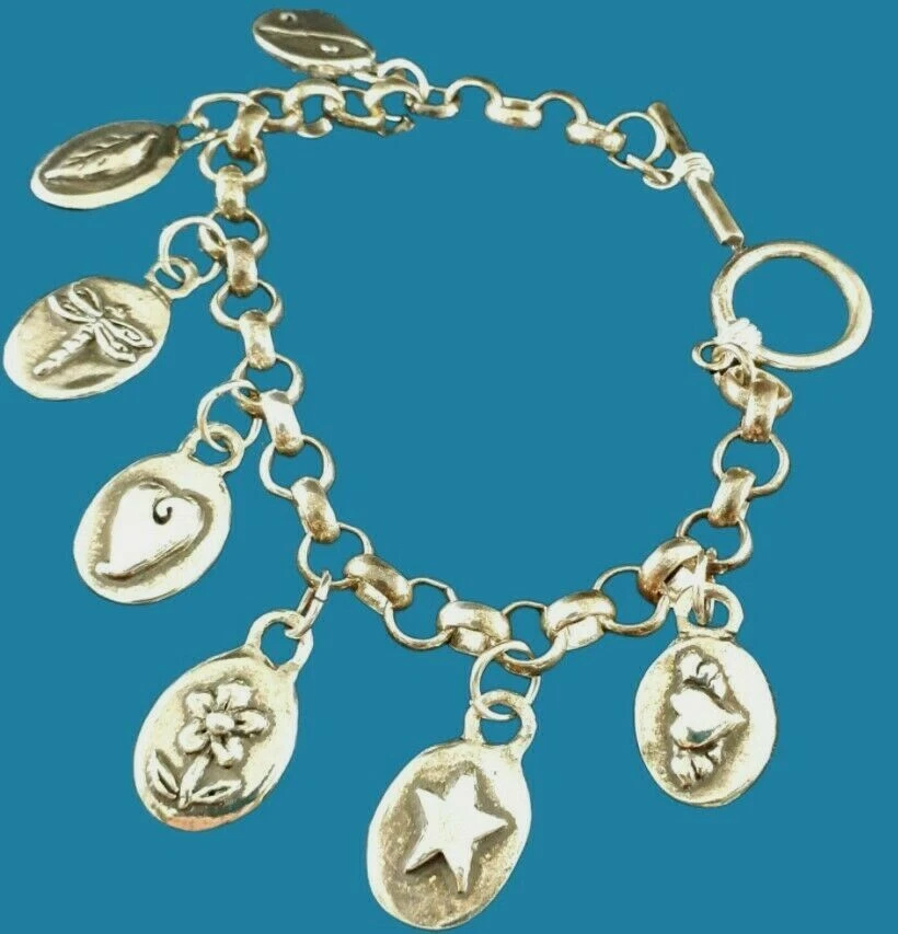 Wish Charm Bracelet 7 Positive Thought Charms Silver Tone Embossed