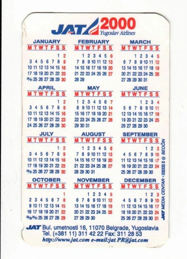 Palaglider JAT 2000 Calendar Pocket Yugoslav Airlines | eBay