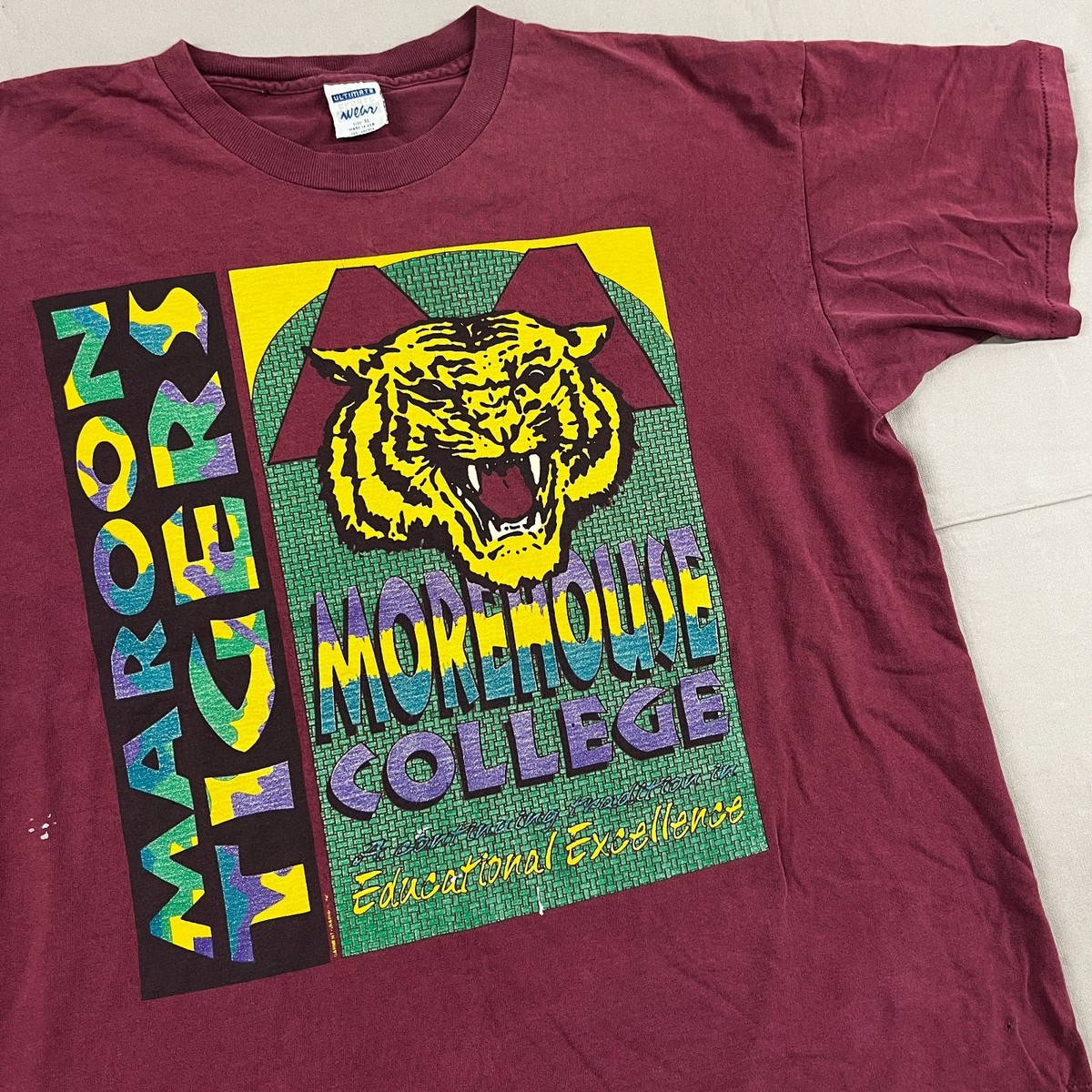 Vintage 90's Morehouse Tigers College Maroon T-Shirt USA Made XL