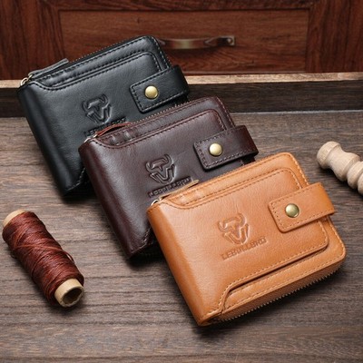 Mens Genuine Leather Zipper Wallet RFID Blocking Bifold Zip Around Card Holder