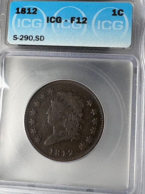 1812 CLASSIC HEAD LARGE CENT ICG-F12 S-290,SD SMALL DATE WITH ROTATED REVERSE