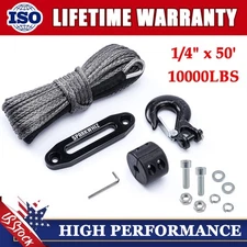 1/4" x 50' Synthetic Winch Line Cable Rope W/ Sleeve + Winch Hook For UTV ATV US