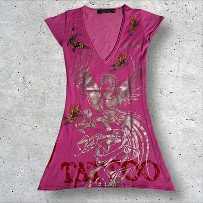 Grail Ed Hardy Pink Long V neck AOP Tattoo Swan Butterfly Damen Tunika Top SizXS - Image 1 of 4