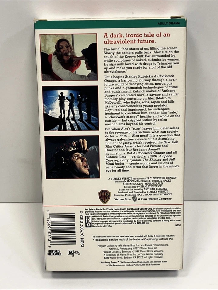 A Clockwork Orange VHS 1991 Stanley Kubrick Cult Classic Movie Time Warner 1971 - Image 2 of 4