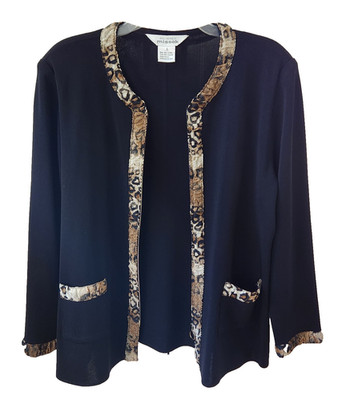 Misook Cardigan Zip Front Jacket Size Large Black Brown Animal Print Trim Pocket