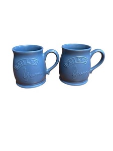 Baileys Yum Vintage Slate Blue Embossed Heavy Stoneware Pottery 4" Mugs Set Of 2