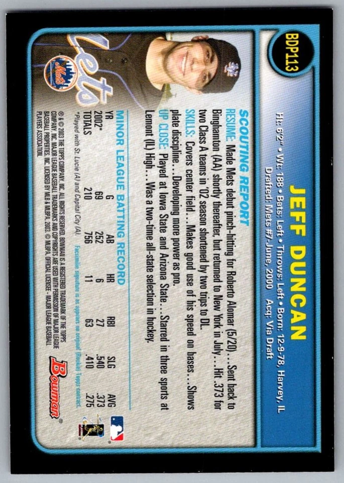 2002 Bowman Draft Picks & Prospects Jeff Duncan Capital City Bombers #7 - Image 2 of 2