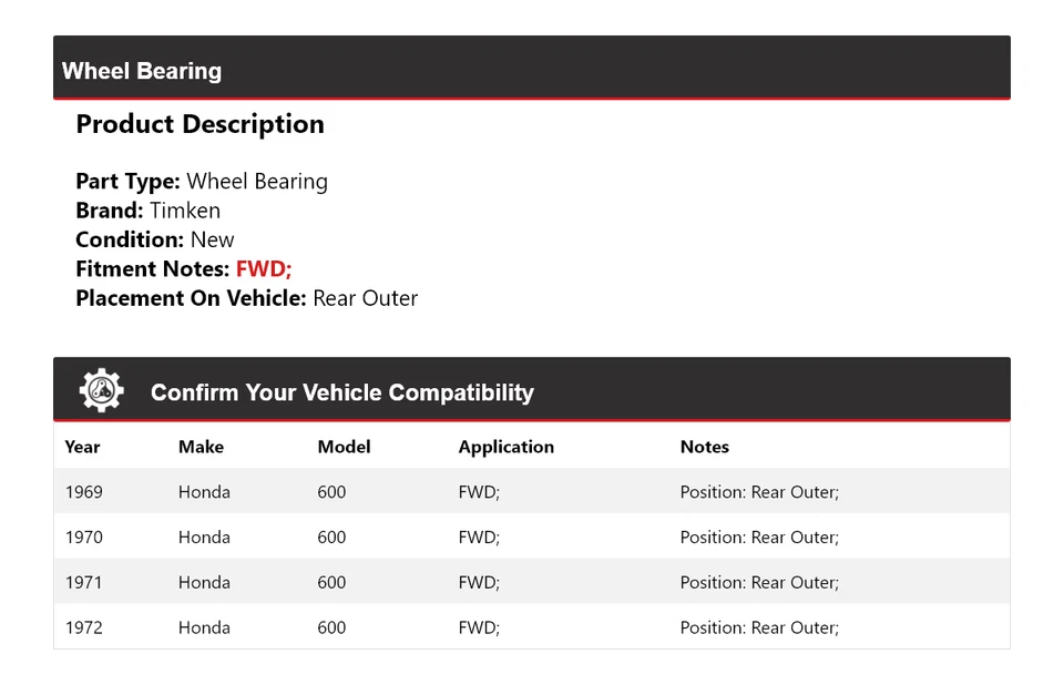 Cojinete de rueda exterior trasero Timken 1970 1971 para Honda 600 1969-1972 tracción delantera Foto 2 de 4