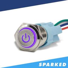 Sparked Innovations Aluminum Latching 12V Push Button Switch Power Symbol Purple