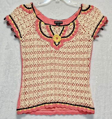 Gaby & Eden Coral Cream Black Crochet Short Sleeve Top Sz S Lined Rayon Blend