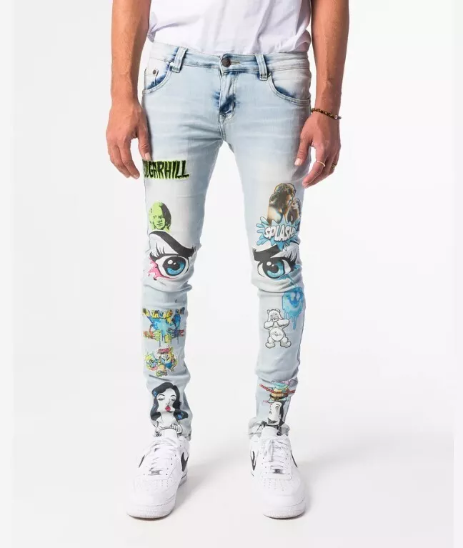Sugarhill Men's Skinny Jeans 32x31 LIGHT WASH PSYCHO DENIM Printed