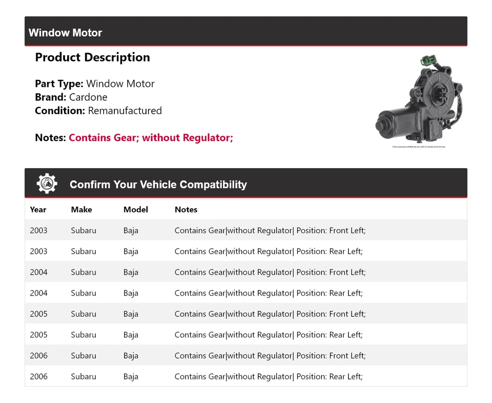 Para Subaru Baja 2003-2006 Ventana Motor Cardone 2004 2005 Foto 2 de 4