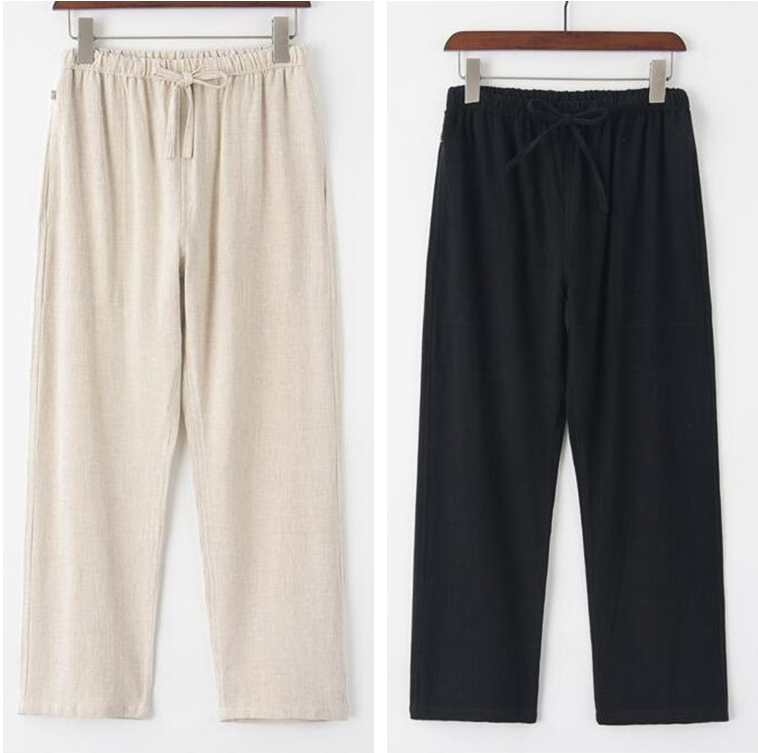 Men's Spring Summer Cotton Linen Chinese Tang Suit Trousers with Elastic Waist