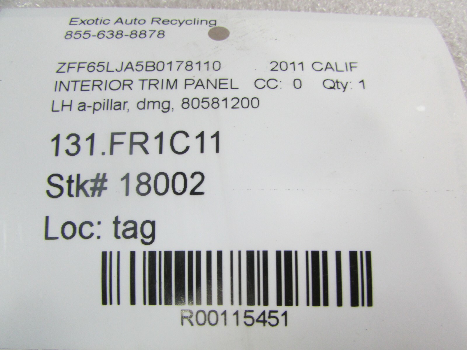 Ferrari California, LH, Left, Interior A-Pillar Trim, Damaged, P/N 80581200