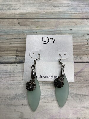 Devi & Co Sea Glass Aqua Silver Tone Scallop Shell Drop Earrings NWT