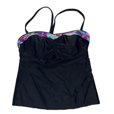 ATHLETA Black Tankini Swim Top 36B/C Racerback Halter Keyhole Multi Color Trim