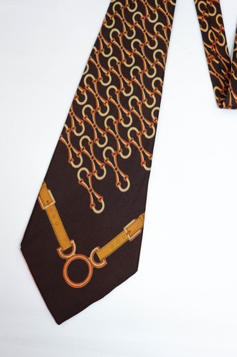 Gucci Vintage Seidenkrawatte braun Horsebit Monogramm Muster bedruckt Grafik - Bild 4 von 9