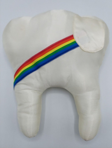 VINTAGE 1980'S  TOOTHFAIRY RAINBOW STRIPED TOOTH PILLOW WITH PICKET~MINOR STAINS