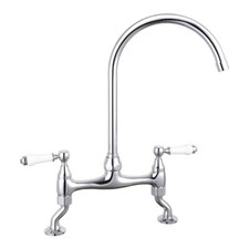 Traditional Chrome Bridge Kitchen Sink Mixer Tap Classic White Ceramic Levers