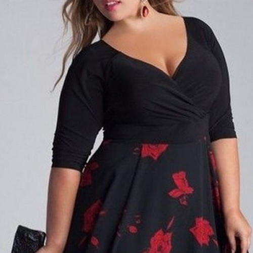 Damen Blumen A-Linie-Kleid V-Neck Partykleid Halbarm Sommerkleid Abendkleid 5XL - Bild 8 von 14