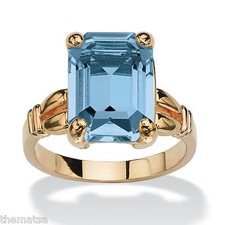 WOMENS 14K GOLD PLATED BIRTHSTONE EMERALD CUT AQUAMARINE RING SIZE 5 6 7 8 9 10