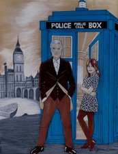 THE 12th DR WHO & CLARA OSWALD & THE TARDIS FINE ART ORIGINAL COMIC COLOR ART