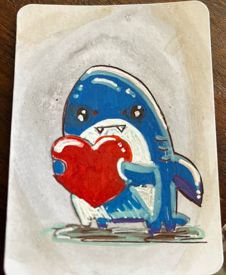 ACEO Original Shark With Heart painting ATC OOAK Anime Whimsical Art