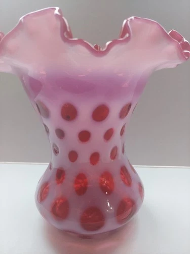 Vintage Fenton Vase Pink Cranberry Glass Opalescent Coin Dot Pink Ruffled Top