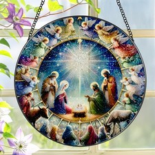 Stained Glass Nativity Scene Suncatcher - 8" Window Hanging Decor, Christian Gif