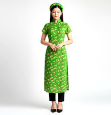 NWOT Women's 2pc Vietnamese Modern Short Ao Dai "Cach Tan"  Headpiece Sz 6