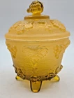 Amber Four Footed Sugar Candy Dish Jeanette Glass Harvest Grapes Leaves Covered