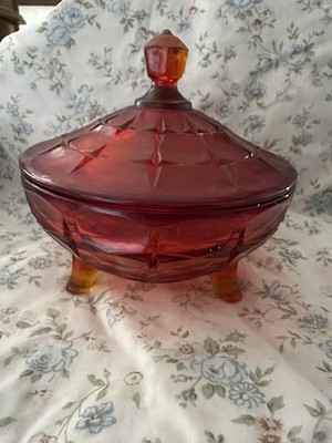 Indiana Tiara Glass Sunset Amberina Candy Dish in Block Pattern