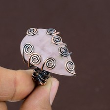 Rose Quartz Gemstone Handmade Copper Wire Wrap Jewelry Ring Size 9.5 t765