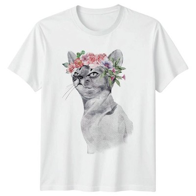 Boho Aquarell Katze mit Blume Damen T-Shirt Blumenkunst Katzenliebhaber Geschenk für Sie