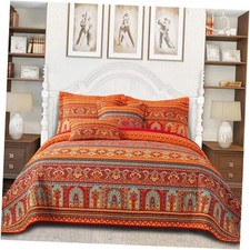 Cotton Quilt King Size Bedding Set - 3 King 98"  106" Striped Red/Orange