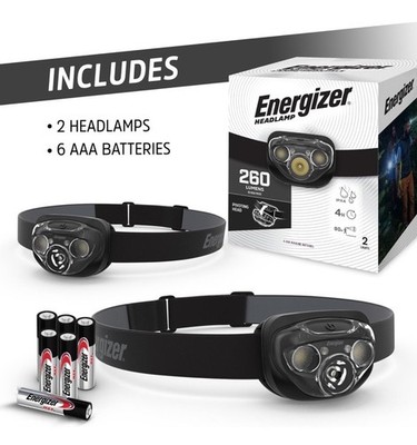 2 Pack Energizer Headlamp 260 Lumems 7 Light Mode Batteries Included 40 Hours