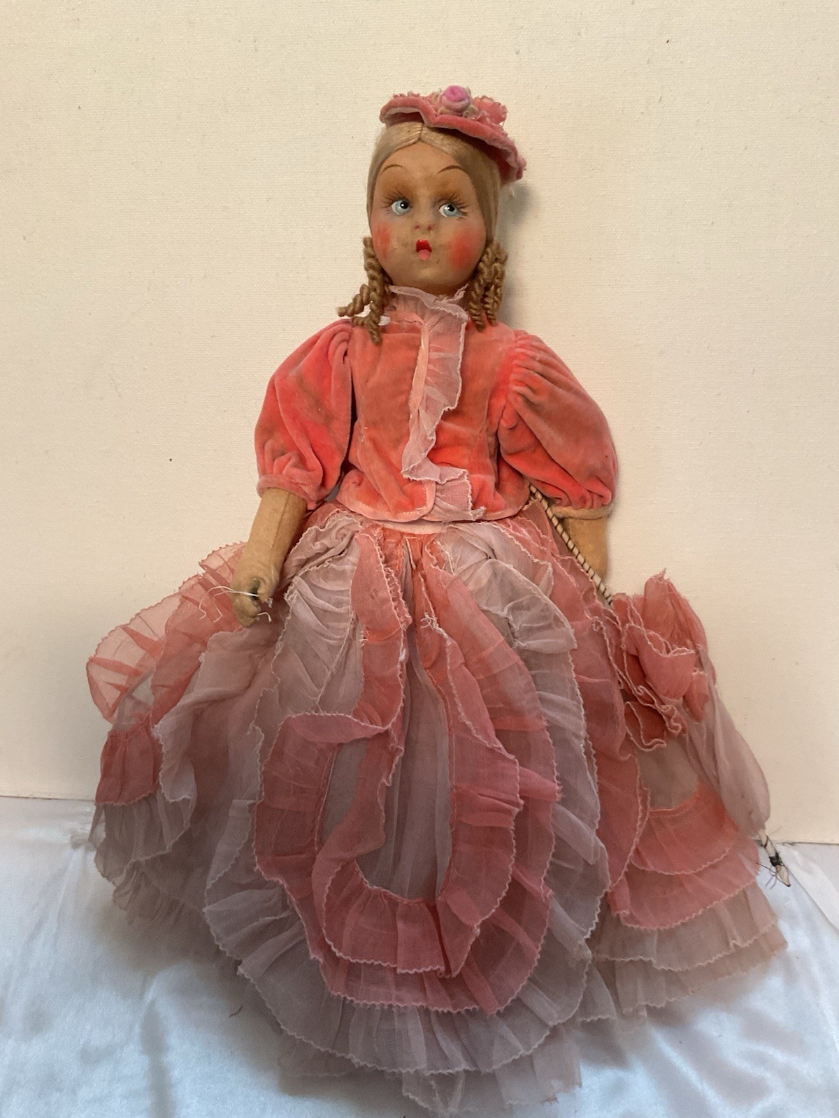 14” Lenci Type Cloth Doll Vintage Italy , Organdy Clothing, Nice